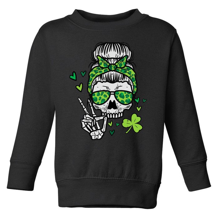 Wo St Patricks Day Skull Messy Bun Saint Pattys Paddys Wo Toddler Sweatshirt