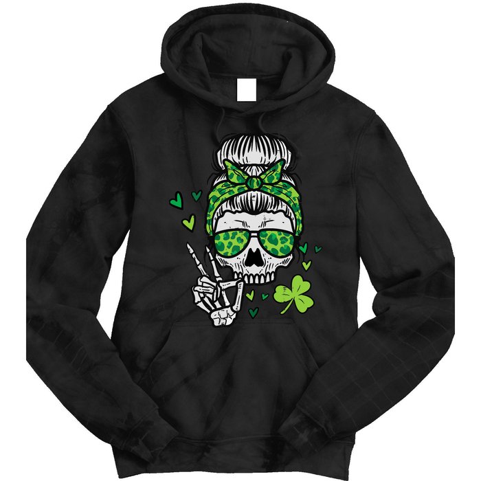 Wo St Patricks Day Skull Messy Bun Saint Pattys Paddys Wo Tie Dye Hoodie