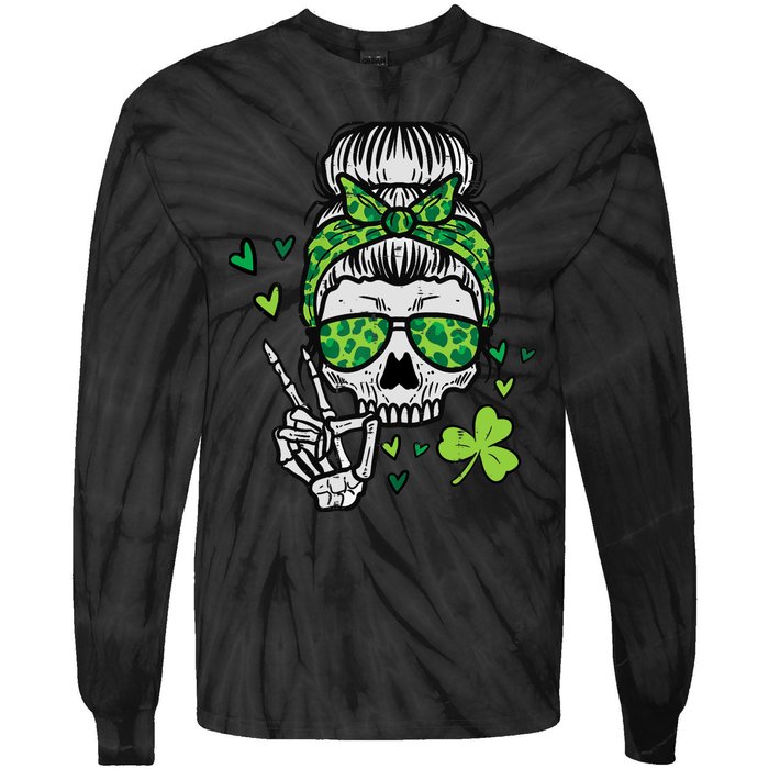 Wo St Patricks Day Skull Messy Bun Saint Pattys Paddys Wo Tie-Dye Long Sleeve Shirt