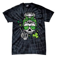 Wo St Patricks Day Skull Messy Bun Saint Pattys Paddys Wo Tie-Dye T-Shirt