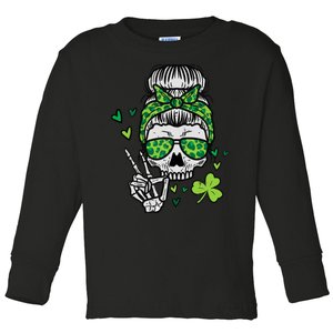 Wo St Patricks Day Skull Messy Bun Saint Pattys Paddys Wo Toddler Long Sleeve Shirt