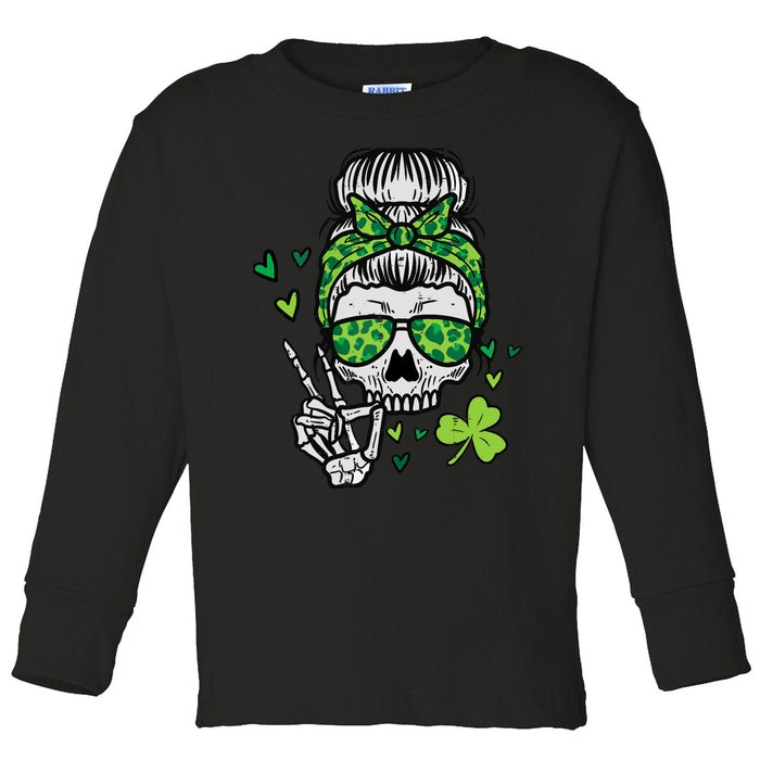 Wo St Patricks Day Skull Messy Bun Saint Pattys Paddys Wo Toddler Long Sleeve Shirt