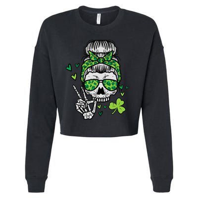 Wo St Patricks Day Skull Messy Bun Saint Pattys Paddys Wo Cropped Pullover Crew