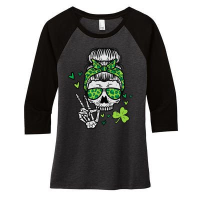 Wo St Patricks Day Skull Messy Bun Saint Pattys Paddys Wo Women's Tri-Blend 3/4-Sleeve Raglan Shirt