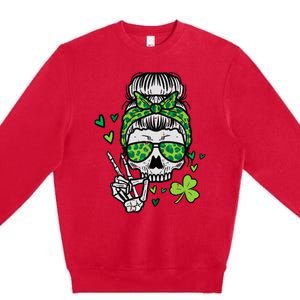 Wo St Patricks Day Skull Messy Bun Saint Pattys Paddys Wo Premium Crewneck Sweatshirt