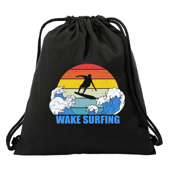 Wake Surfing Retro Sunset Drawstring Bag