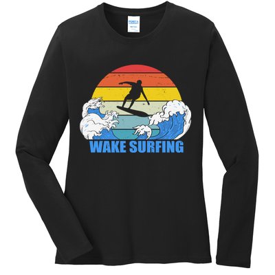 Wake Surfing Retro Sunset Ladies Long Sleeve Shirt