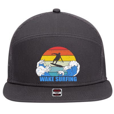 Wake Surfing Retro Sunset 7 Panel Mesh Trucker Snapback Hat