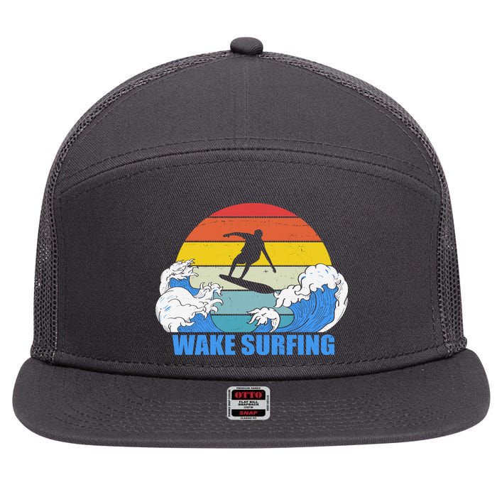 Wake Surfing Retro Sunset 7 Panel Mesh Trucker Snapback Hat