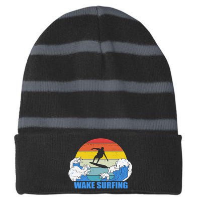 Wake Surfing Retro Sunset Striped Beanie with Solid Band