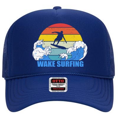 Wake Surfing Retro Sunset High Crown Mesh Back Trucker Hat