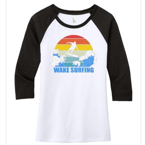 Wake Surfing Retro Sunset Women's Tri-Blend 3/4-Sleeve Raglan Shirt