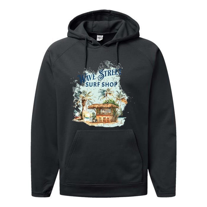 Wave Street Retro Vacation Beach Surfing Sunset Beach Hut Performance Fleece Hoodie