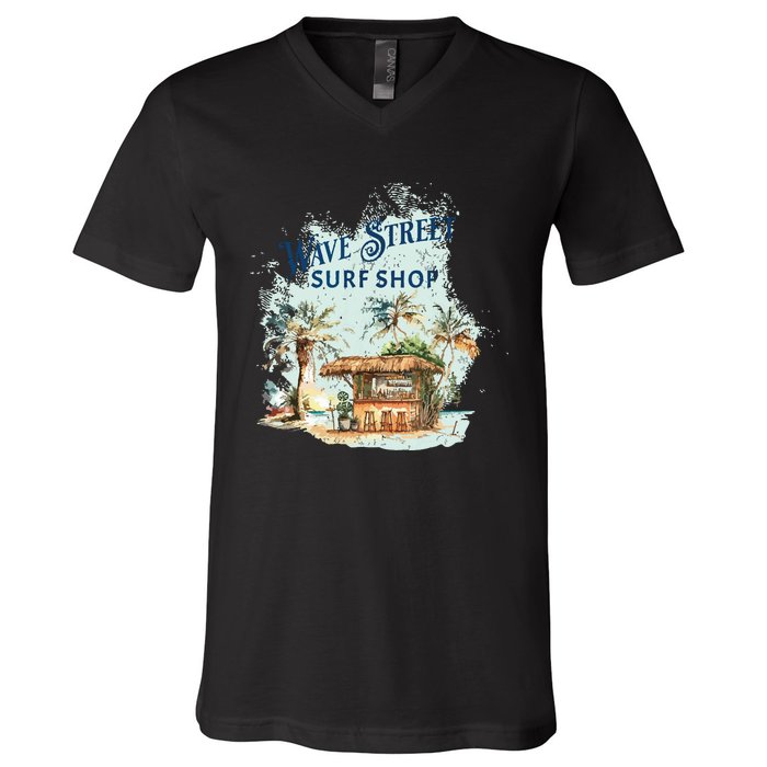 Wave Street Retro Vacation Beach Surfing Sunset Beach Hut V-Neck T-Shirt