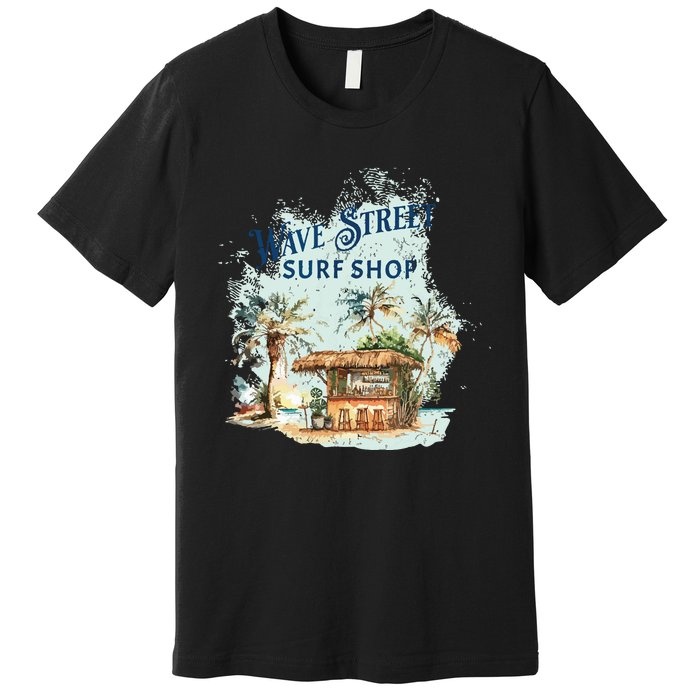 Wave Street Retro Vacation Beach Surfing Sunset Beach Hut Premium T-Shirt