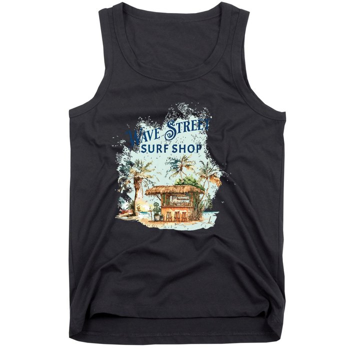 Wave Street Retro Vacation Beach Surfing Sunset Beach Hut Tank Top