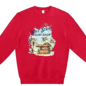 Wave Street Retro Vacation Beach Surfing Sunset Beach Hut Premium Crewneck Sweatshirt