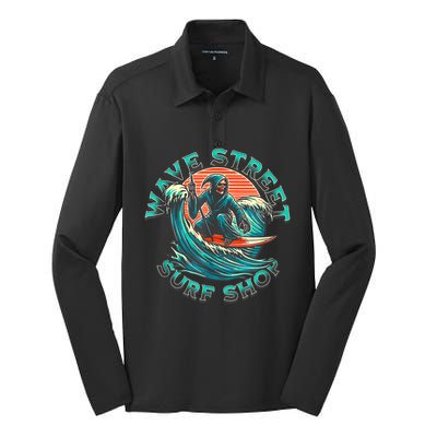 Wave Street Retro Vacation Beach Surfing Skul Silk Touch Performance Long Sleeve Polo