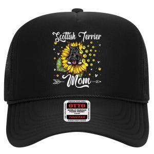 Womens Sunflower Scottish Terrier Mom Dog Lover Gift High Crown Mesh Back Trucker Hat