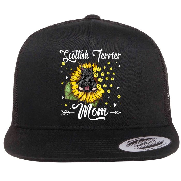 Womens Sunflower Scottish Terrier Mom Dog Lover Gift Flat Bill Trucker Hat