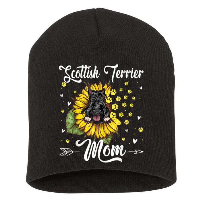 Womens Sunflower Scottish Terrier Mom Dog Lover Gift Short Acrylic Beanie