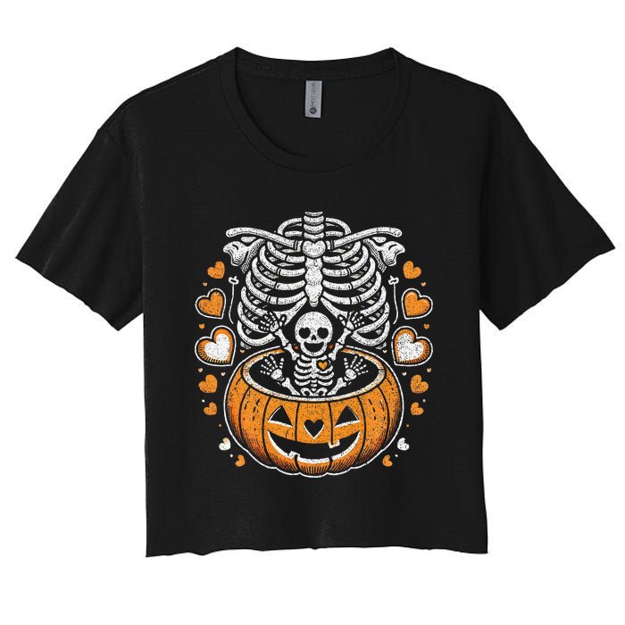 Women Skeleton S Pregnancy Announcement Mom Halloween Women's Crop Top Tee