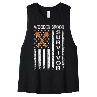 Wooden Spoon Survivor - Humor Expression Funny Us Flag Women's Racerback Cropped Tank