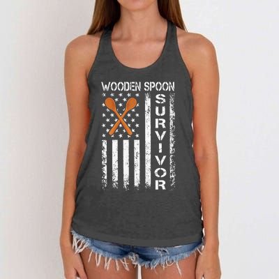 Wooden Spoon Survivor - Humor Expression Funny Us Flag Women's Knotted Racerback Tank