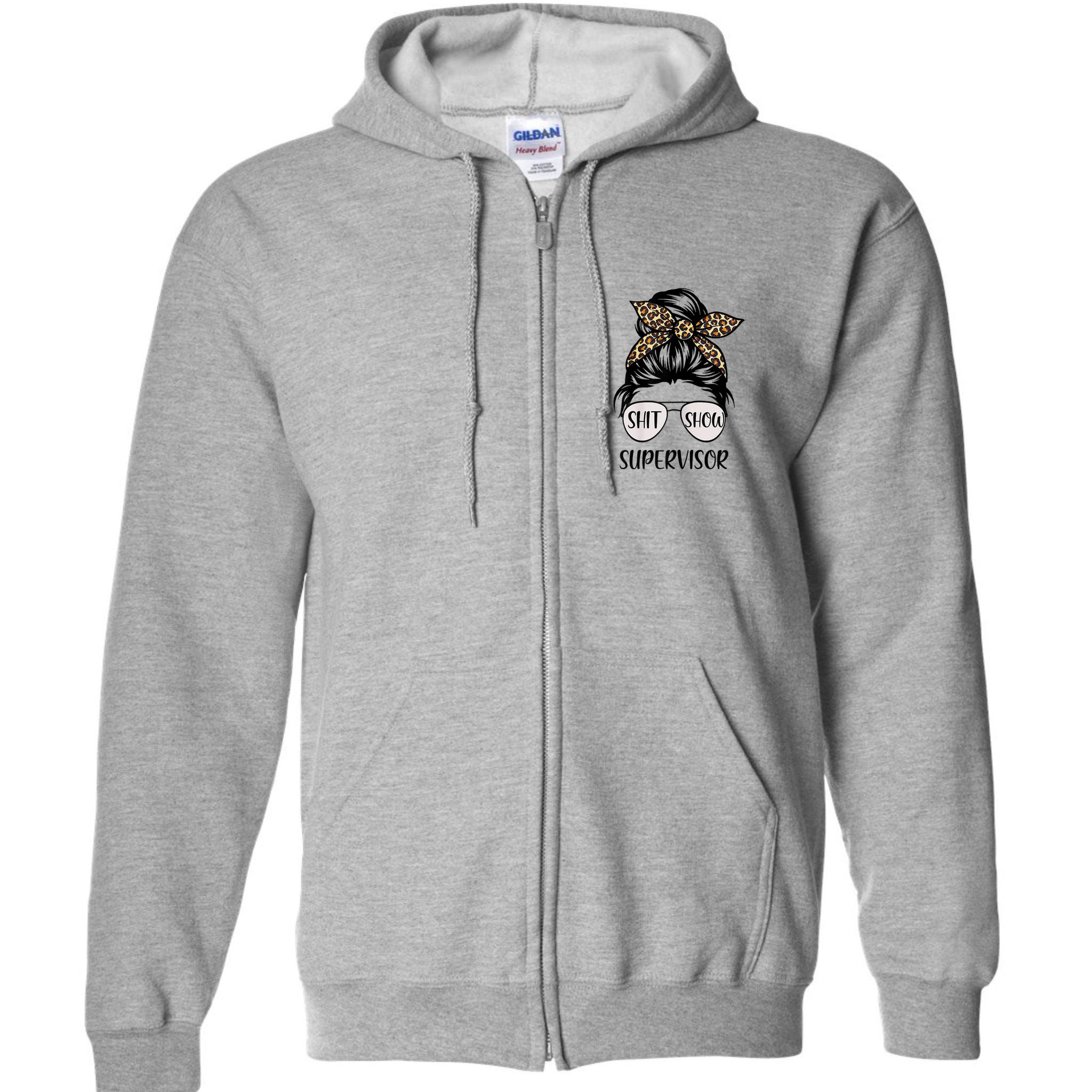 Womens Shit Show Supervisor Tee Women Casual Funny Messy Bun Full Zip Hoodie