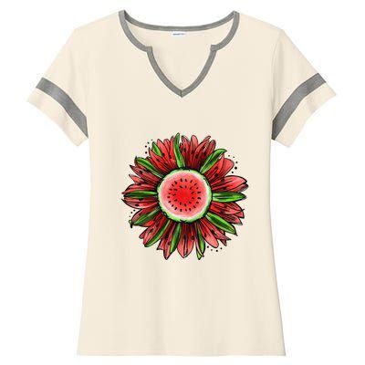 Watermelon Sunflower Summer Peace Love Watermelon Lover Gift Ladies Halftime Notch Neck Tee