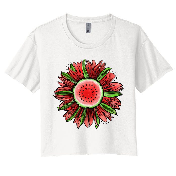 Watermelon Sunflower Summer Peace Love Watermelon Lover Gift Women's Crop Top Tee