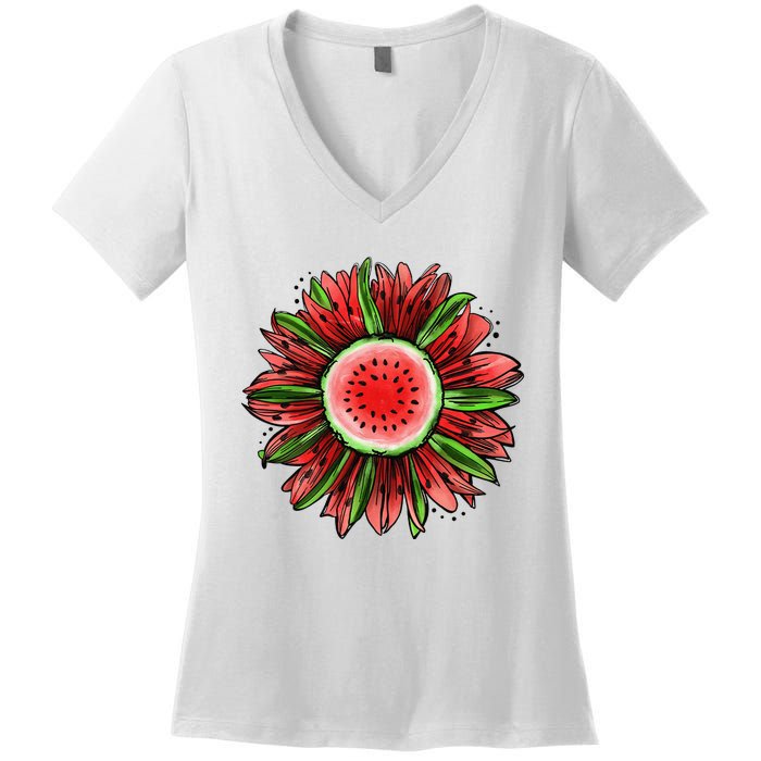 Watermelon Sunflower Summer Peace Love Watermelon Lover Gift Women's V-Neck T-Shirt