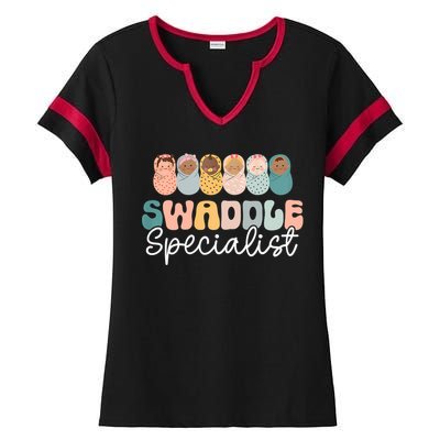 Women Swaddle Specialist Funny NICU Nurse Saying Groovy Mom Baby Ladies Halftime Notch Neck Tee