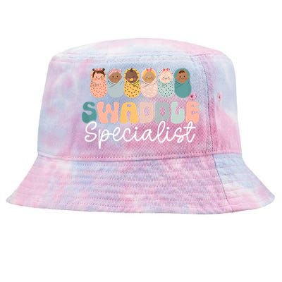 Women Swaddle Specialist Funny NICU Nurse Saying Groovy Mom Baby Tie-Dyed Bucket Hat