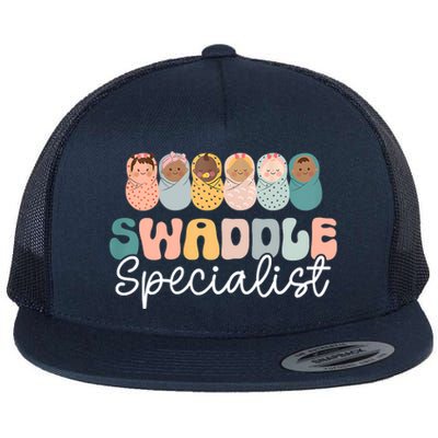 Women Swaddle Specialist Funny NICU Nurse Saying Groovy Mom Baby Flat Bill Trucker Hat