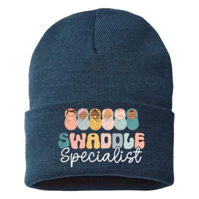 Women Swaddle Specialist Funny NICU Nurse Saying Groovy Mom Baby Sustainable Knit Beanie