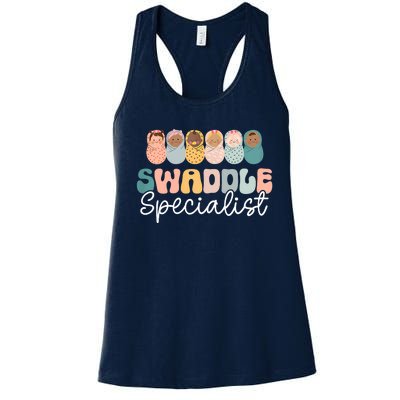 Women Swaddle Specialist Funny NICU Nurse Saying Groovy Mom Baby Women's Racerback Tank