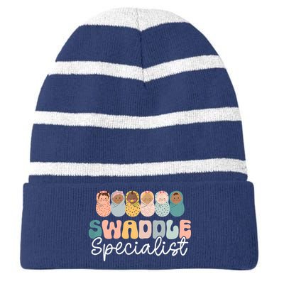 Women Swaddle Specialist Funny NICU Nurse Saying Groovy Mom Baby Striped Beanie with Solid Band