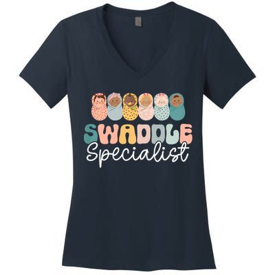 Women Swaddle Specialist Funny NICU Nurse Saying Groovy Mom Baby Women's V-Neck T-Shirt