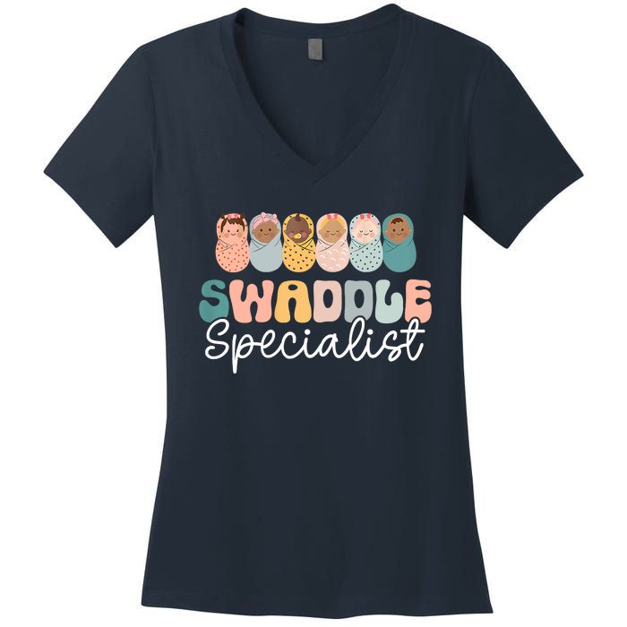 Women Swaddle Specialist Funny NICU Nurse Saying Groovy Mom Baby Women's V-Neck T-Shirt