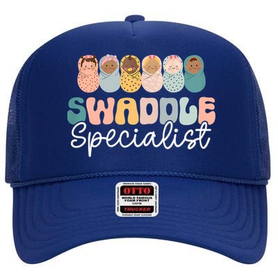 Women Swaddle Specialist Funny NICU Nurse Saying Groovy Mom Baby High Crown Mesh Back Trucker Hat