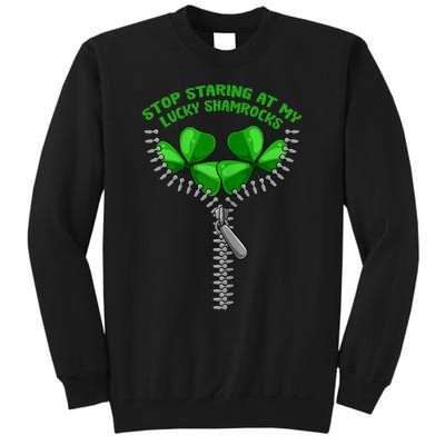 Womens Stop Staring Shamrock St Patricks Day Clover Pun Humor Tall Sweatshirt