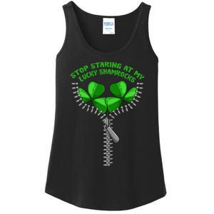 Wo Stop Staring Shamrock St Patricks Day Clover Pun Humor Ladies Essential Tank