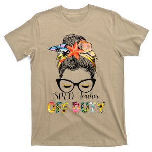 Womens SPED Teacher Off Duty Messy Bun Vacation Summer Vibes T-Shirt