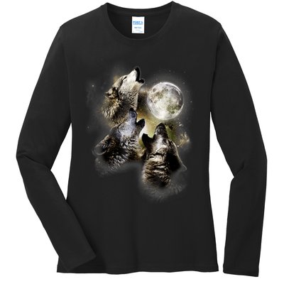 Wolf Shirt Three Wolves Moon Wolf Moon Ladies Long Sleeve Shirt