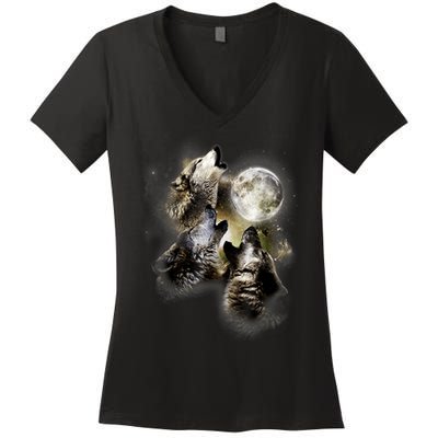 Wolf Shirt Three Wolves Moon Wolf Moon Women's V-Neck T-Shirt