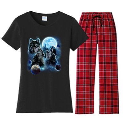 Wolf Shirt Three Wolves Moon Wolf Moon Women's Flannel Pajama Set