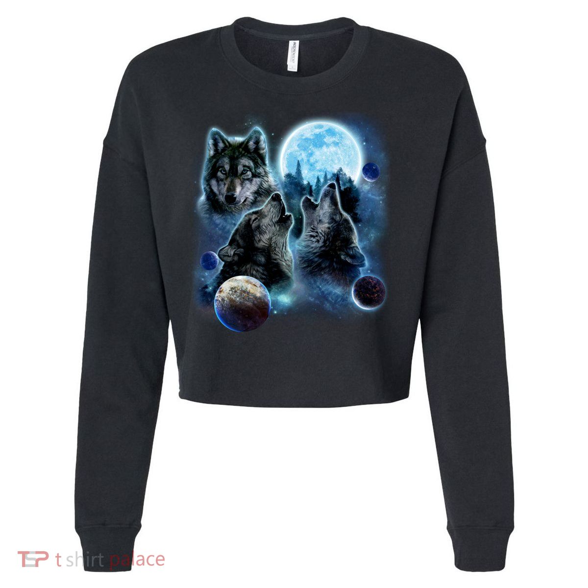 Wolf Shirt Three Wolves Moon Wolf Moon Cropped Pullover Crew