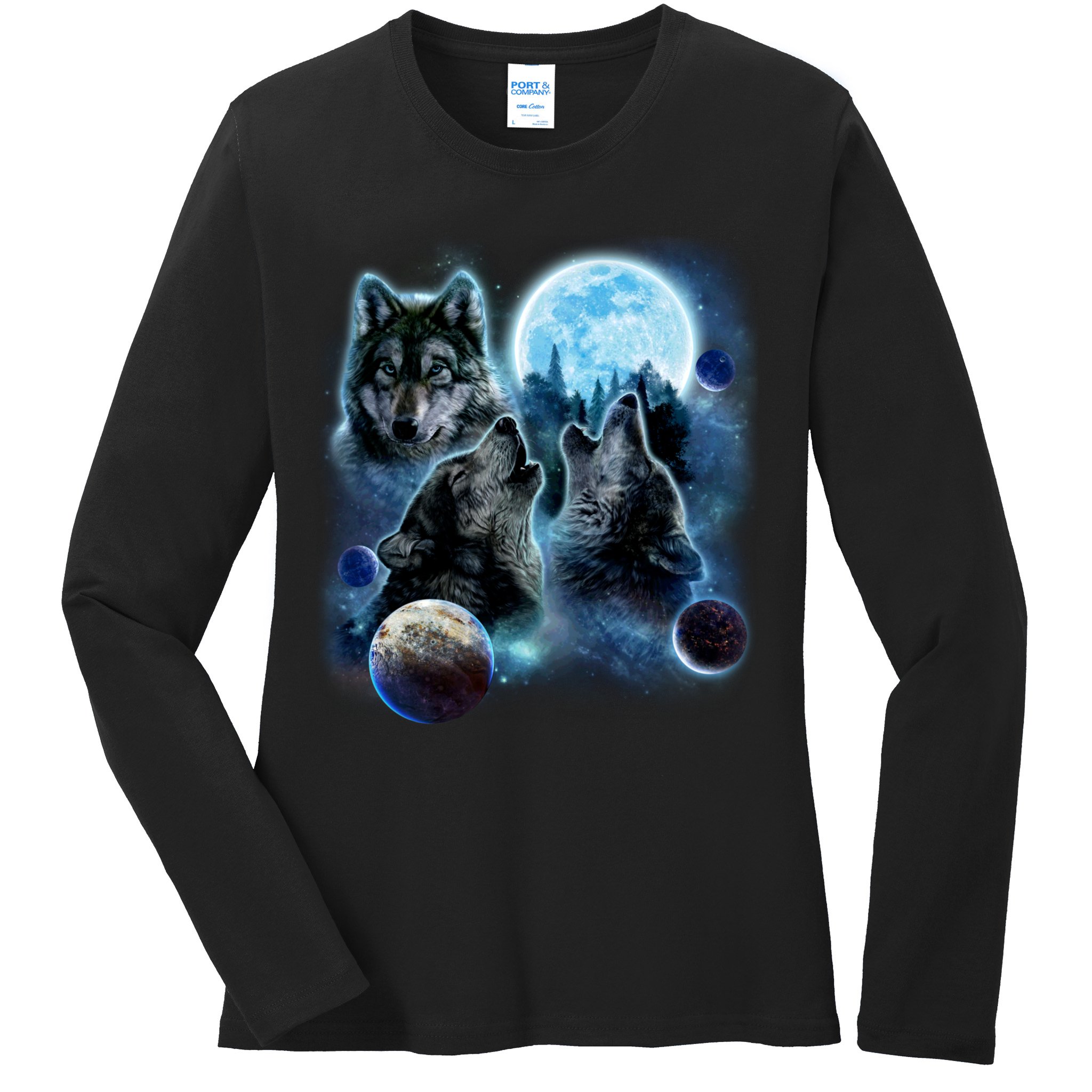 Wolf Shirt Three Wolves Moon Wolf Moon Ladies Long Sleeve Shirt