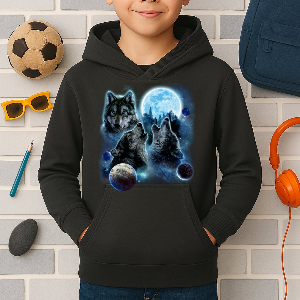 Wolf Shirt Three Wolves Moon Wolf Moon Kids Hoodie